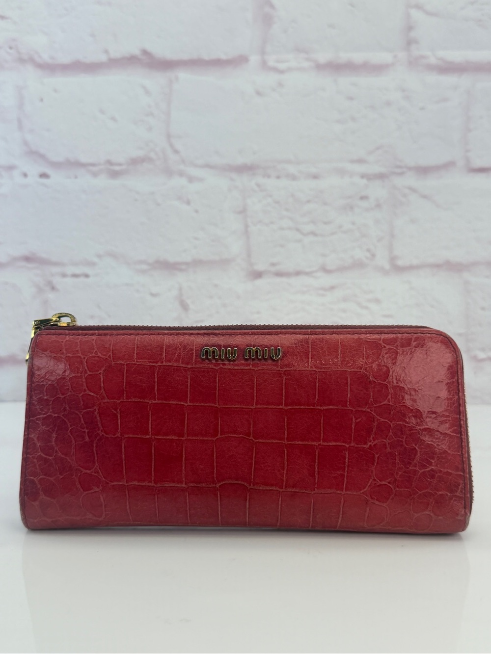 Miu Miu Glossy Red Croc-Embossed Zip Wallet with Gold Hardware